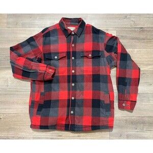 Duluth Trading Flapjack Jacket Mens M Red Plaid Flannel Fleece Lined Shacket